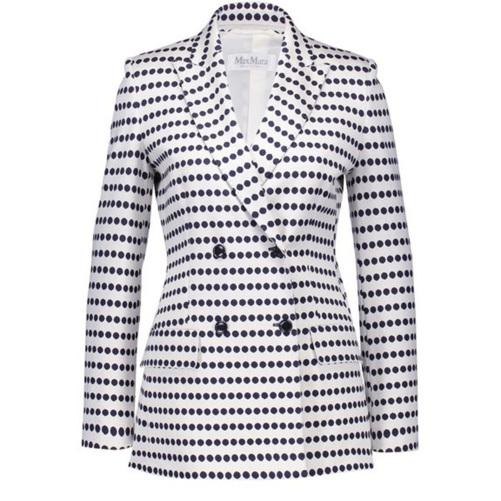 Max Mara Polka Dot Blazer Women 38 White Navy Double Breasted Peaked Lapel Italy